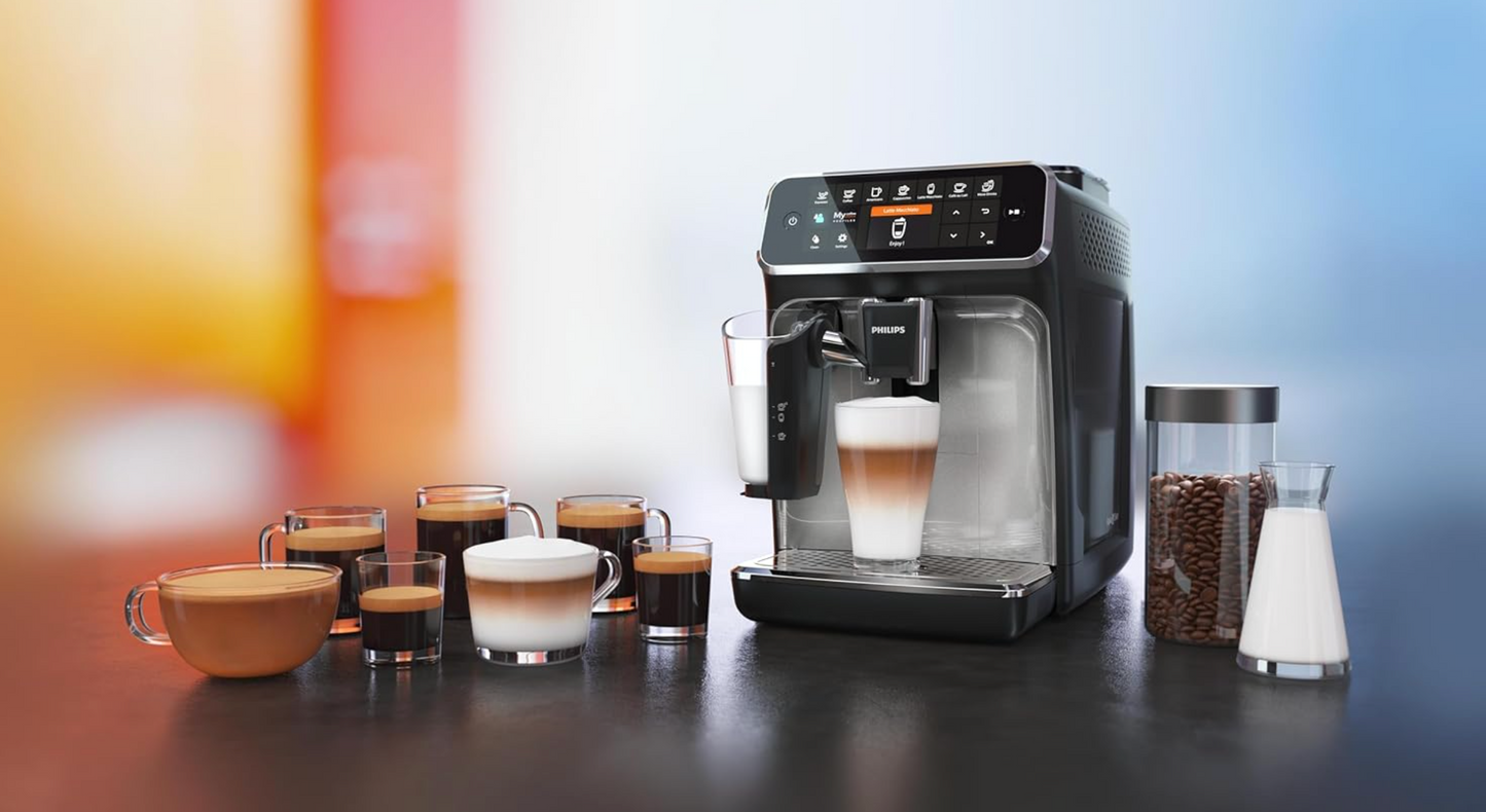 Philips Kaffeevollautomat der Serie 4300 – LatteGo Milchaufschäumer, 8 Kaffeesorten, Touchdisplay, Schwarz