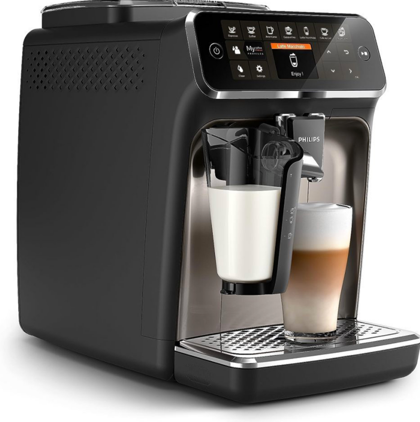 Philips Kaffeevollautomat der Serie 4300 – LatteGo Milchaufschäumer, 8 Kaffeesorten, Touchdisplay, Schwarz
